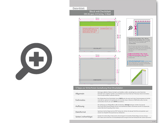 Product Bild block_mit_leimbindung_und_deckblatt__din_a6_quer__10_blatt__4_0_farbig_einseitig_bedruckt